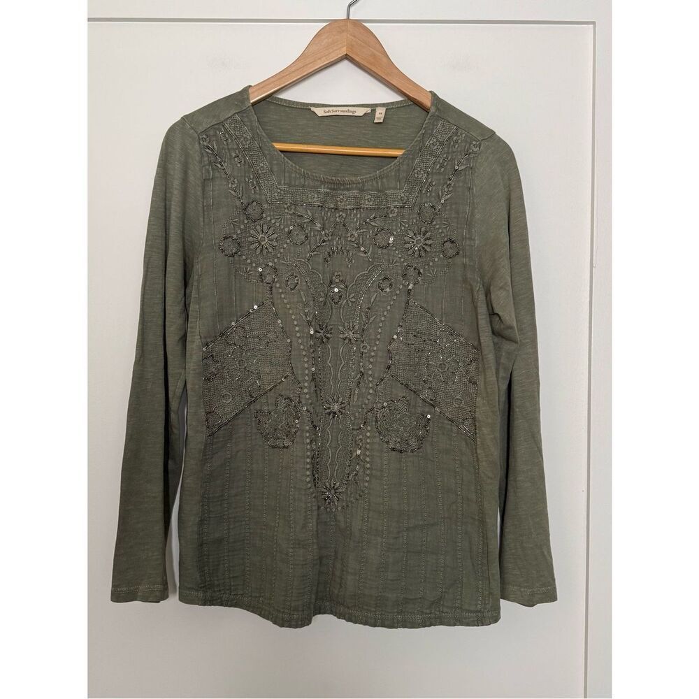 Soft SurroundingsโTunic Top Womens Sz S Green Beaded Embroidered Long Sleeve